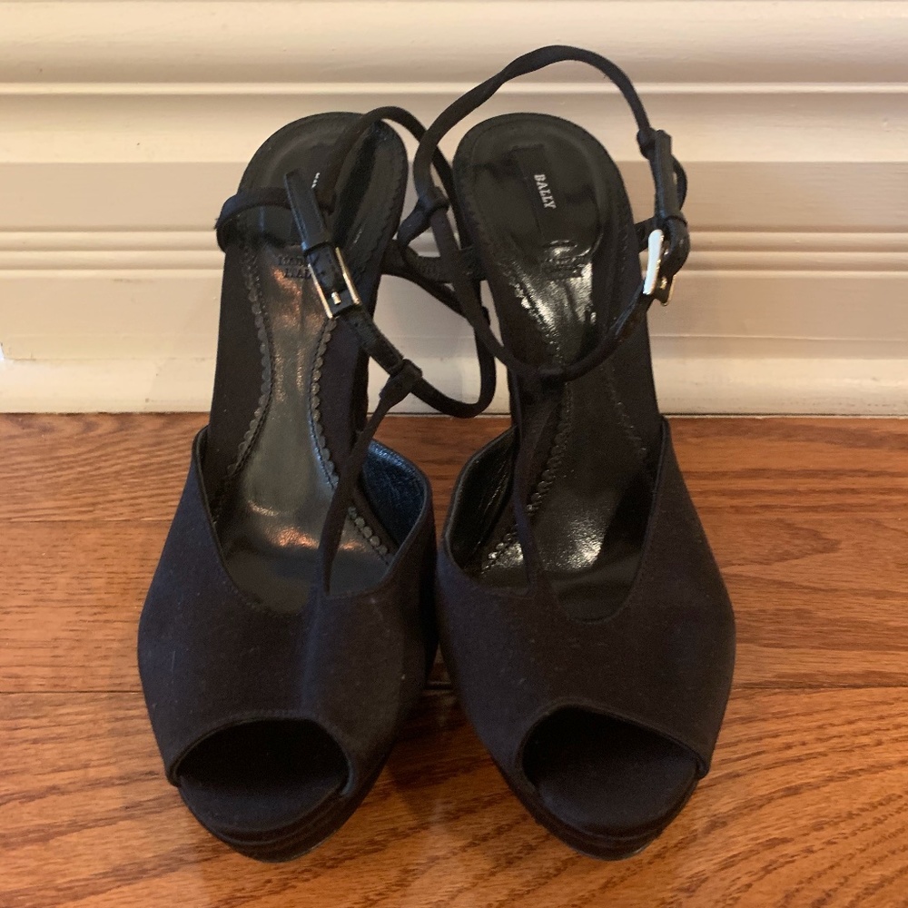 Bally black Satin T-strap heels